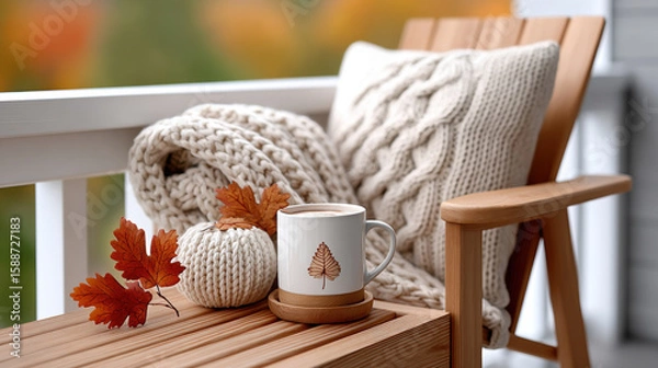 Obraz Cozy autumn balcony with knitted blanket, wool pillow, coffee mug and fall leaves decor