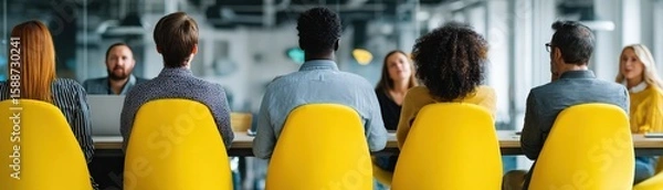 Fototapeta A diverse group of professionals attending a meeting or presentation in a modern office setting with bright yellow chairs.