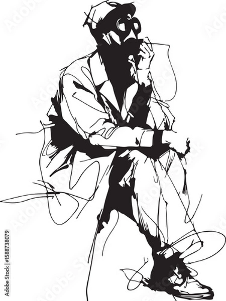 Fototapeta Elegant one-line drawing of a welder with a mask, minimalist and black-and-white only
