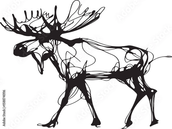 Fototapeta Minimalist and abstract continuous line drawing of a moose, black-and-white only