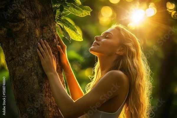 Fototapeta Serene Woman Embracing Tree in Lush Forest with Sunlight Glow
