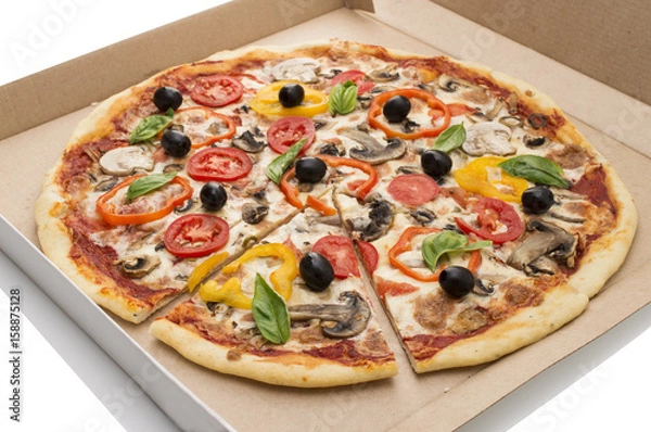 Obraz Pizza with ham, pepper and olives