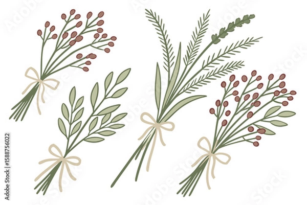 Fototapeta Three hand drawn botanical bouquets with simple ribbons and berries