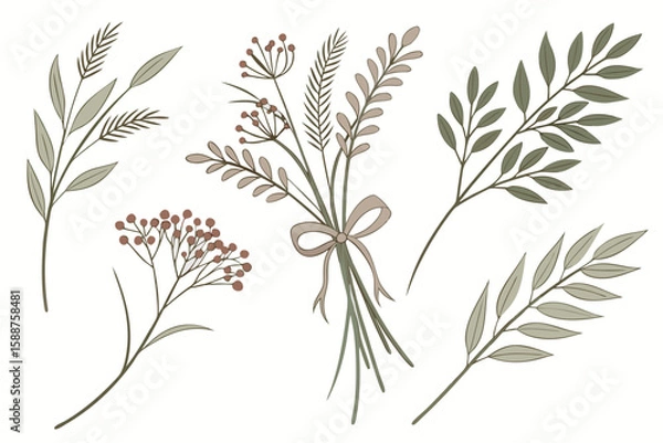 Fototapeta Three hand drawn botanical bouquets with simple ribbons and berries
