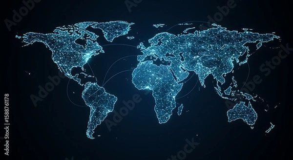 Fototapeta Digital World Map with Glowing Dots and Connected Lines on Dark Blue Background