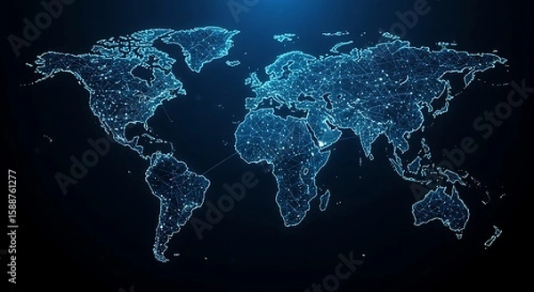 Fototapeta Blue Glowing World Map Network on Dark Background globe
