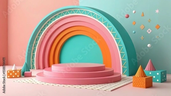Fototapeta Whimsical rainbow arch display with geometric shapes and pastel colors