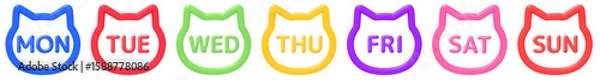 Obraz 曜日ごとのカラフルなネコ型アイコンセット（英語表記）