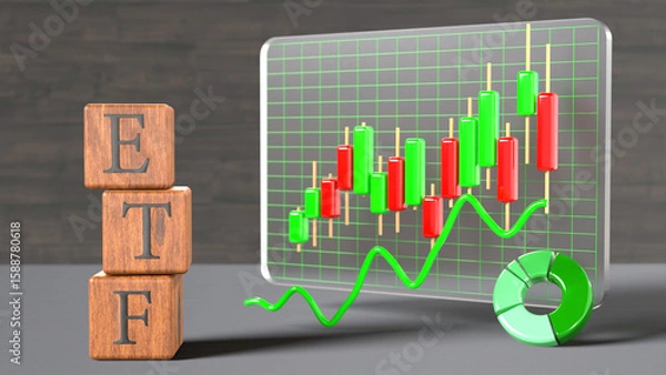 Obraz ETFとマーケットチャートを組み合わせた木製ブロックと資産運用を象徴するビジュアル