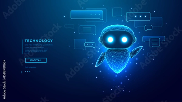 Obraz Hologram of AI Robot or Chatbot with Speech Bubbles on Technology Blue Background. AI Chat Bot Mascot. Low Poly Wireframe Tech Bg. Support Assistant Virtual Character. Digital Vector Illustration.