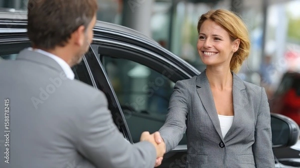 Fototapeta A smiling woman and a man in business attire shake hands beside a car, suggesting a successful business deal or agreement.