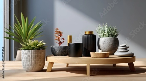 Obraz Elegant Home Decor Arrangement with Potted Plants and Decorative Items on Wooden Table Surface