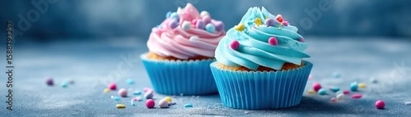 Fototapeta Two colorful cupcakes with pink and blue frosting, decorated with small round sprinkles, sitting on a textured surface.