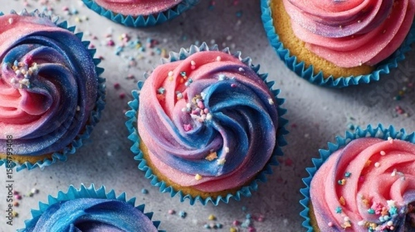 Fototapeta Colorful cupcakes with swirled pink and blue frosting topped with rainbow sprinkles, arranged closely on a textured surface.