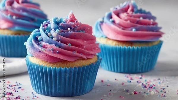 Fototapeta Three vanilla cupcakes with vibrant pink and blue swirled frosting topped with colorful sprinkles in blue wrappers on a light surface.