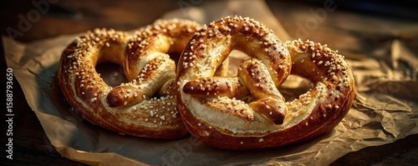 Fototapeta Two freshly baked soft pretzels sprinkled with coarse salt, resting on brown parchment paper on a wooden surface.