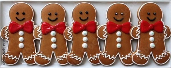 Fototapeta Five smiling gingerbread men with red bow ties and white icing details are neatly arranged in a row on a white tray.