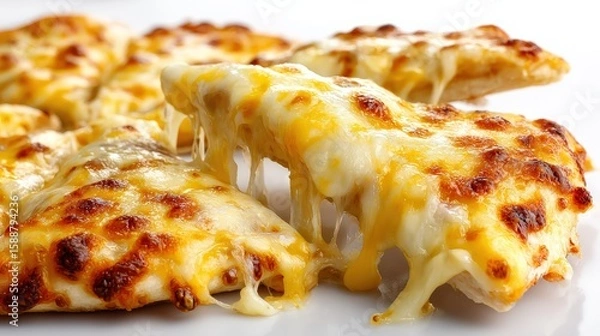 Fototapeta A close-up of a cheesy pizza slice being pulled away, showcasing melted, bubbly cheese with a golden-brown crust.