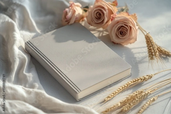 Fototapeta A gray notebook rests on a linen fabric, adorned with delicate blush roses and wheat stalks, creating a serene and elegant aesthetic.