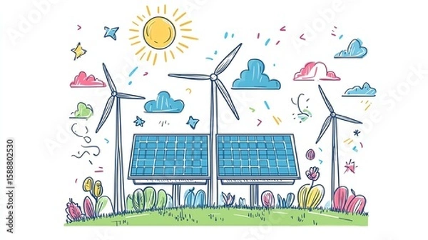 Fototapeta Stylized vector illustration of handdrawn solar panels and wind turbines, clean energy concept, minimal line art with vibrant colors, ecofriendly design