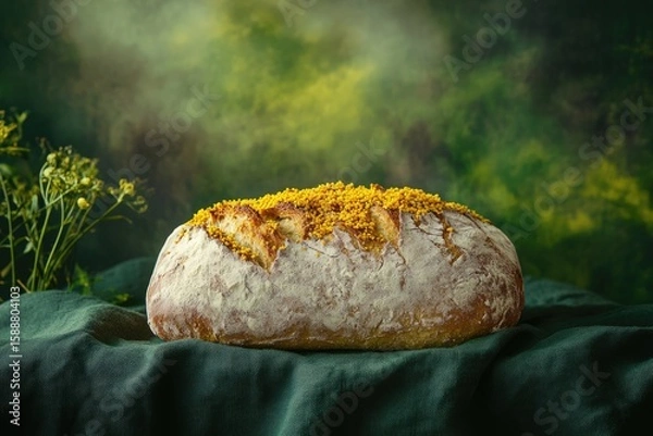 Fototapeta Artisan sourdough bread, sprinkled with yellow seeds, rests on a dark green cloth against a blurred green background.