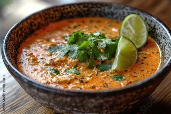 Fototapeta Creamy, spicy soup garnished with cilantro and lime wedges, served in a rustic bowl.