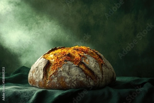Fototapeta A rustic sourdough bread, sprinkled with seeds, sits on a dark green cloth, steam rising.