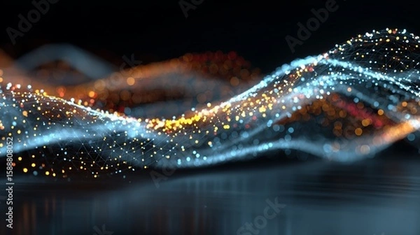 Fototapeta Abstract network of interconnected dots and lines, flowing waves of blue and orange light on dark surface.
