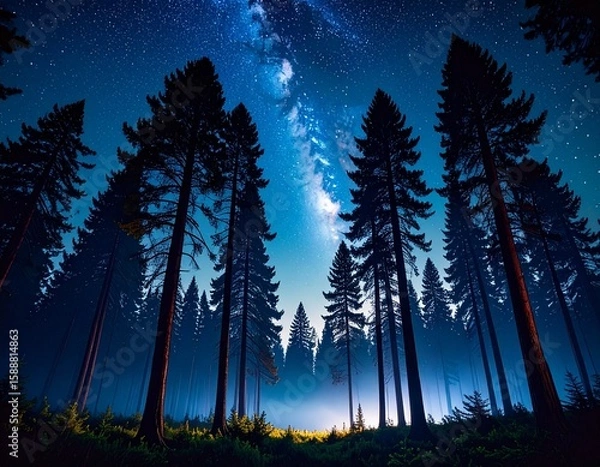 Fototapeta Starry night sky over forest with tall trees.