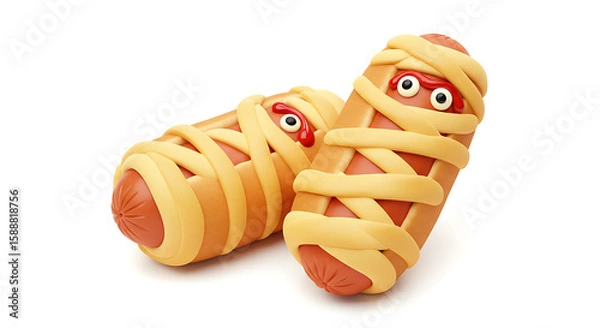Fototapeta Two hot dogs wrapped in dough to resemble mummies, with candy eyes, on a white background.