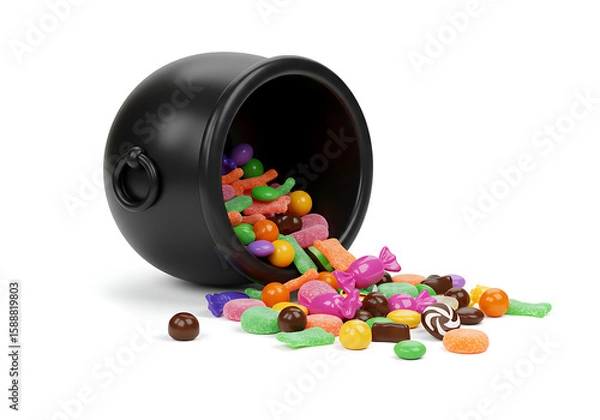 Fototapeta A black cauldron spills colorful candies onto a white surface, creating a sweet scene.