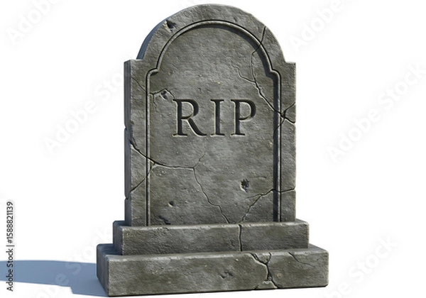 Fototapeta A weathered gravestone with the inscription "RIP" stands on a white background, showing signs of age and cracks.