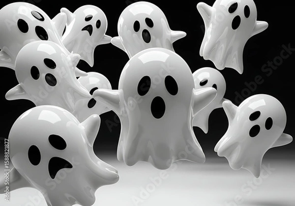 Fototapeta Group of white ceramic ghosts with black eyes and mouths floating in the air.