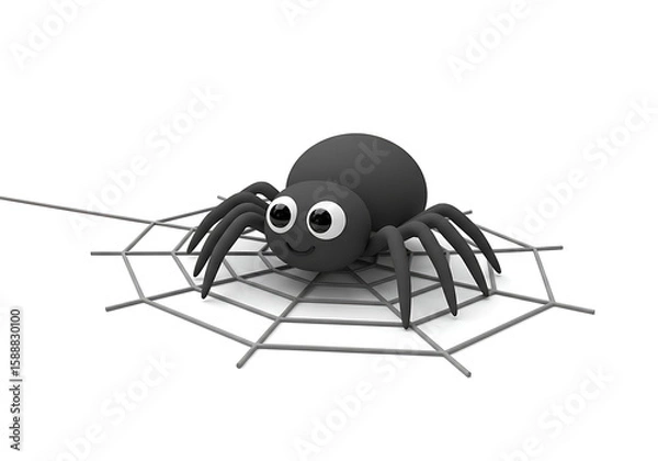 Fototapeta Cartoon spider on a web, simple design, against white background.