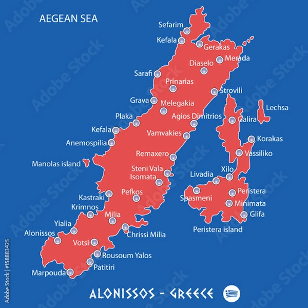 Fototapeta island of alonissos in greece red map illustration
