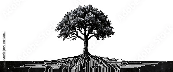 Fototapeta Halftone collage of a grayscale tree growing from a circuit board, with digital roots and glitching leaf shadows.
