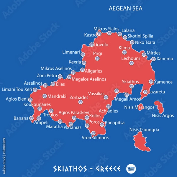 Fototapeta island of skiathos in greece red map illustration