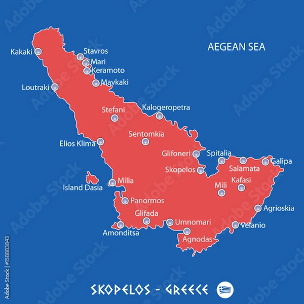Fototapeta island of skopelos in greece red map illustration