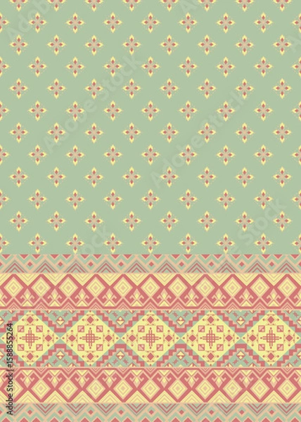 Obraz Geometrics ethnic pattern in vibrant color, symmetrical pattern blending ethnic motifs and geometric precision—ideal for textiles, wallpapers, and culturally inspired decorative applications