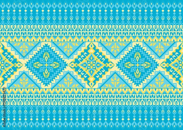 Obraz Vibrant geometric ethnic pattern in blue and yellow tones, ideal for textiles, wallpapers, and digital design projects.
