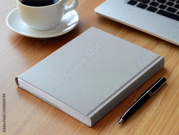 Fototapeta Elegant Workspace Setup with Notebook, Coffee, Pen, and Laptop on Wooden Desk