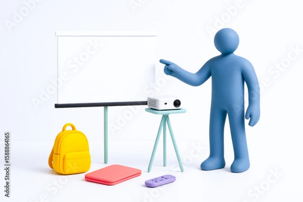 Fototapeta Blue humanoid figure points at blank presentation board in minimalistic setting with projector, backpack, and other accessories, illustrating remote work environment for digital nomads