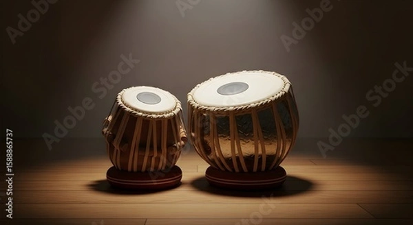 Obraz Tabla Drums Under Gentle Spotlight Rhythmic Harmony in Musical Expression 