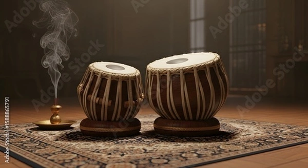 Obraz Tablas with Incense A serene setup featuring traditional Indian percussion instruments and aromatic incense creating cultural ambiance.