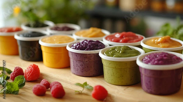 Fototapeta Assortment of colorful purees in small containers with raspberries on a wooden surface close up view
