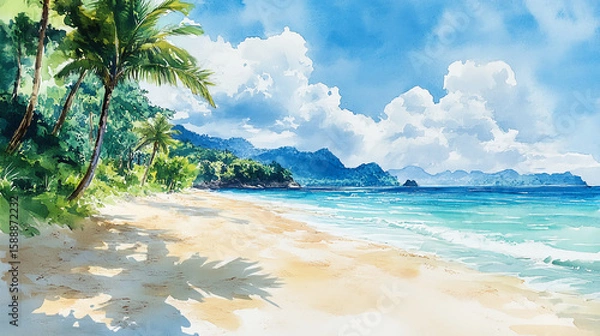 Fototapeta Watercolor painting of a tropical beach with palm trees and a cloudy blue sky over the ocean view