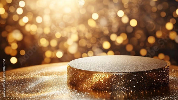 Fototapeta Glittering gold platform with bokeh lights in the background creating a festive and elegant atmosphere
