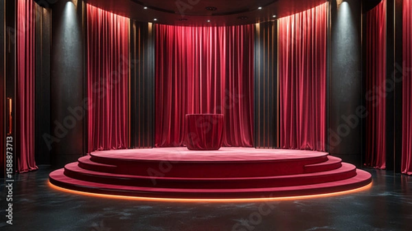 Fototapeta A red velvet stage with curtains and a draped object under spotlights in a dark room setting indoors