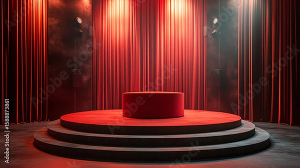 Fototapeta A stage with red curtains and a round platform with spotlights illuminating the scene beautifully