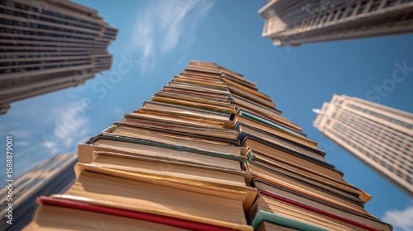Fototapeta Towering stack of books against a backdrop of city skyscrapers